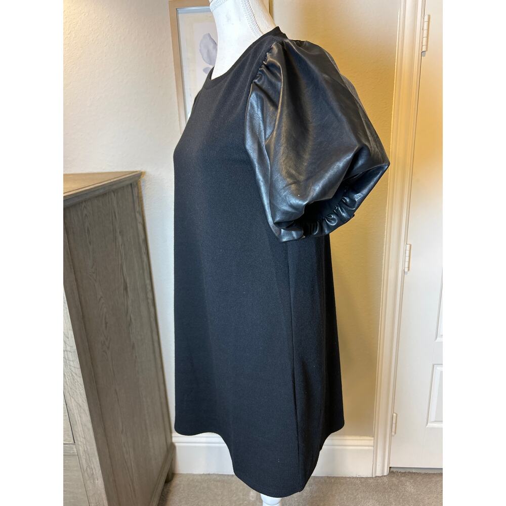 THML | Black Faux Leather Puff Sleeve Shirt Dress | Small - Picture 5 of 10